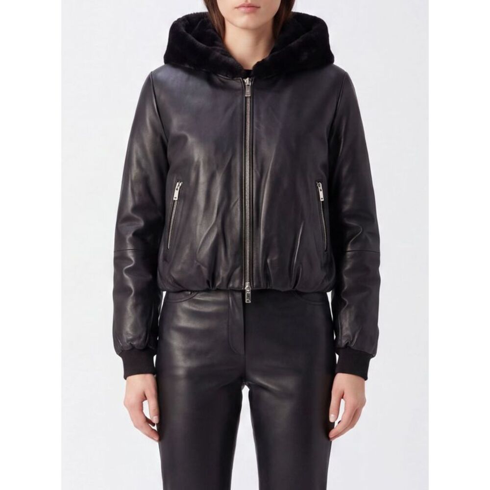 Moose Knuckles Women Moose Knuckles Leather Bomber Jacket With Shearling Hood